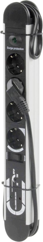 Stekkerdoos 10-voudig Met Overspanningsbeveiliging En USB C - 10 Stopcontacten + 4 USB Poorten - 1,5m Kabel Zwart