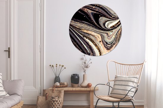 WallCircle - Stickers muraux - Cercle de papier peint - Aspect marbre - Zwart - Or - Wit - Glitter - Marbre - 120x120 cm - Cercle mural - Autocollant - Papier peint autocollant rond XXL