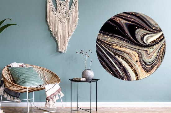 WallCircle - Stickers muraux - Cercle de papier peint - Aspect marbre - Zwart - Or - Wit - Glitter - Marbre - 120x120 cm - Cercle mural - Autocollant - Papier peint autocollant rond XXL