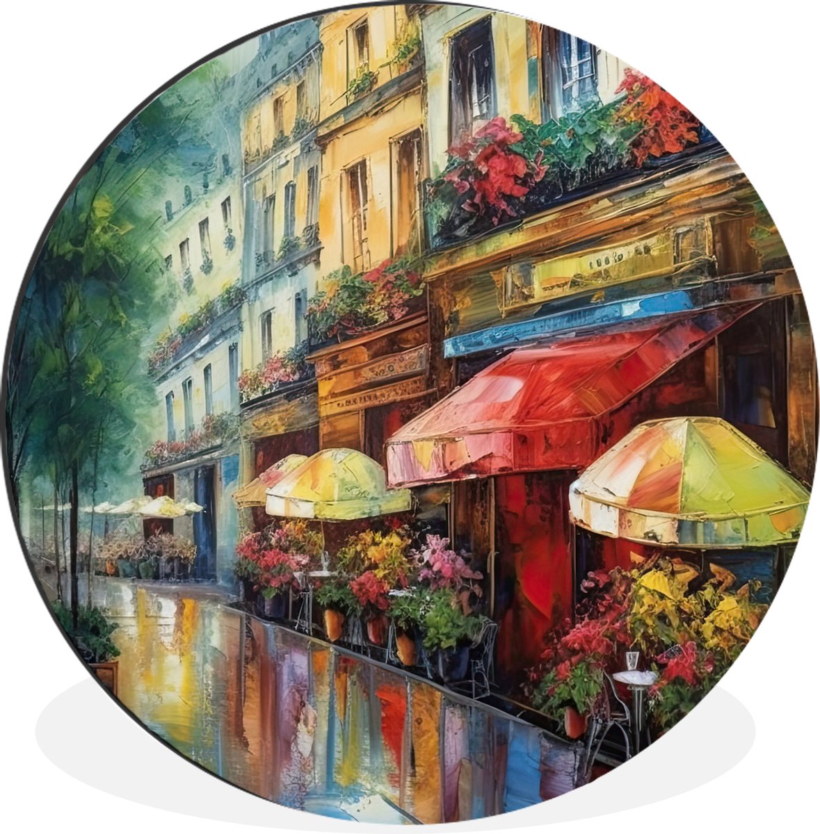 WallCircle - Wandcirkel - Muurcirkel - Straat - Olieverf - Kleurrijk - Stad - Aluminium - Dibond - 140x140 cm - Binnen en Buiten