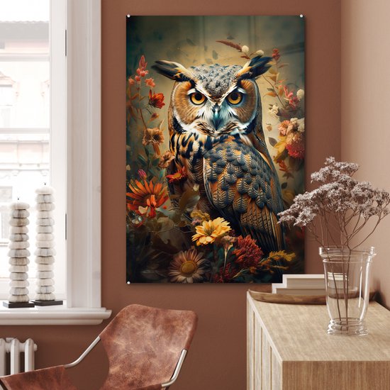 MuchoWow® Peinture sur verre 80x120 cm - Peinture sur verre acrylique - Hibou - Vogel - Fleurs - Plantes - Botanique - Photo sur verre - Peintures