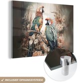 MuchoWow® Glasschilderij 120x80 cm - Schilderij acrylglas - Papegaaien - Vogels - Natuur - Bloemen - Foto op glas - Schilderijen