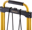 Close-up van de gele handgreep en het zwarte draagvlak met 'STANLEY' logo en elastieken banden.