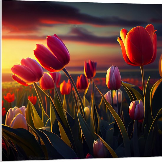 PVC Schuimplaat - Kleurrijke Tulpen in Bloemenveld - 80x80 cm Foto op PVC Schuimplaat (Met Ophangsysteem)