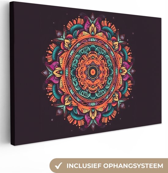 Peinture sur toile 180x120 cm - Décoration murale Mandala - Fleurs - Hippie - Boho - Oranje - Décoration murale murale salon - Décoration chambre - Accessoires de chambre - Peintures