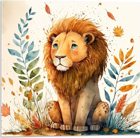 Acrylglas - Cartoon Tekening van Leeuw omringd door Kleurrijke Planten - 50x50 cm Foto op Acrylglas (Met Ophangsysteem)
