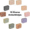 Tien diverse amberblokjes in een cirkel, met de tekst '10 Diverse Amberblokjes'. Kleuren variëren van lichtgeel tot donkergrijs.