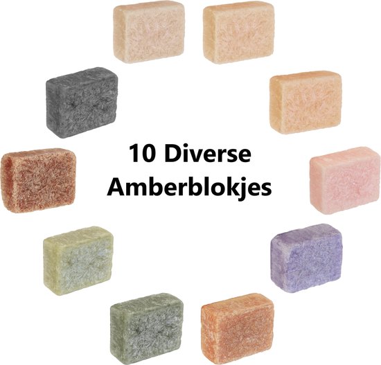 Tien diverse amberblokjes in een cirkel, met de tekst '10 Diverse Amberblokjes'. Kleuren variëren van lichtgeel tot donkergrijs.
