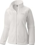 Een witte Columbia fleece trui met rits, hoge kraag en langere mouwen.