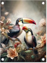Affiche de jardin toucan - Oiseaux de Décoration de jardin - 30x40 cm - Décoration murale avec fleurs pour l'extérieur - Décoration de clôture jungle - Affiche d'extérieur - Toile de clôture - Toiles de jardin - Toile de Jardin - Affiche de balcon