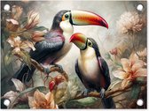 Tuinposter toekan - Tuindecoratie vogels - 40x30 cm - Wanddecoratie met bloemen voor buiten - Schutting decoratie jungle - Buitenposter - Schuttingdoek - Tuindoeken - Tuin doek - Balkon poster
