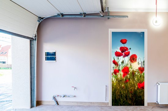 Sticker pour porte Coquelicots - Toscane - Soleil - Rouge - Blauw - 75x205 cm - Affiche de porte