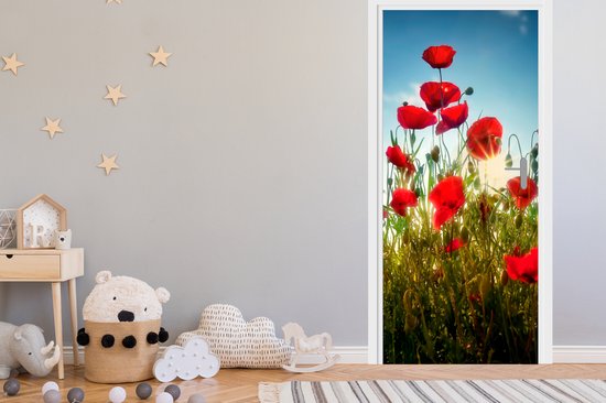 Sticker pour porte Coquelicots - Toscane - Soleil - Rouge - Blauw - 75x205 cm - Affiche de porte