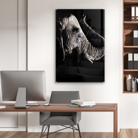 MuchoWow® Peinture sur verre 60x90 cm - Peinture sur verre acrylique - Éléphant - Zwart - Animaux - Nature - Photo sur verre - Peintures