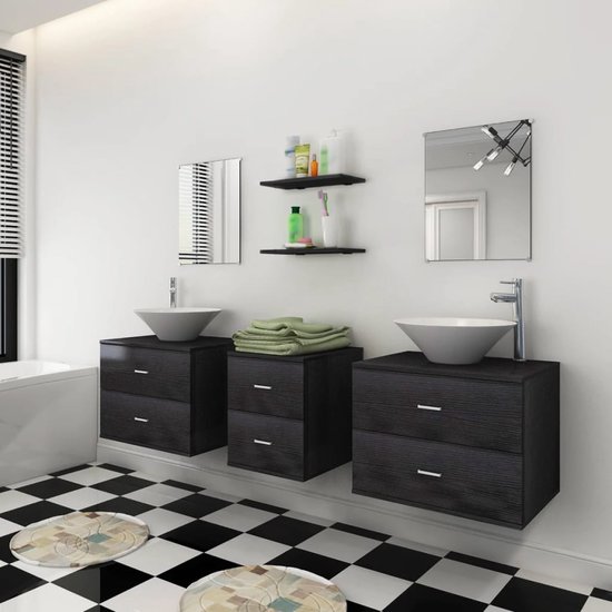 VIDAXL Dix pieces pour salle de bains avec lavabo et robinet noir pas cher  