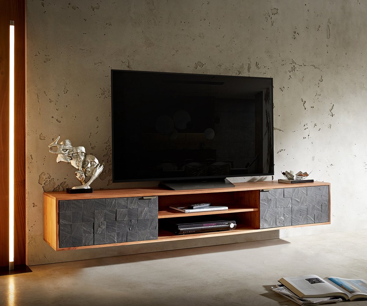 DELIFE TV-meubel Teele acacia natuur leisteen 200 cm 2 Deurs Lowboard zwevend Bruin