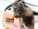 Grijze kitten snuffelt aan een zak Tommie The Cat kattenvoer. Speciaal voor kittens.