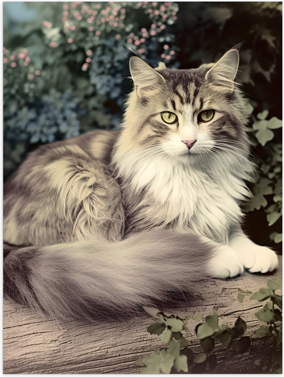 Poster Glanzend – Grijze kat met groene ogen in de natuur op een boomstam - 75x100 cm Foto