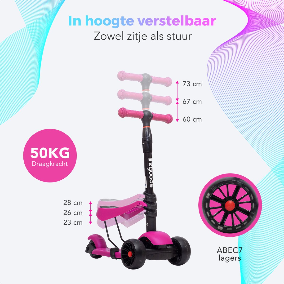 LifeGoods MultiRider Kinderstep - Step 3-8 Jaar - Hoogte Verstelbaar Zitje - Lichtgevende LED Wielen - Jongens/Meisjes - Roze — afbeelding 9