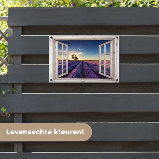 Poster de jardin Look-through - Lavande - Arbre - Fenêtre - Coucher de soleil - 60x40 cm