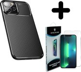 ShieldCase geschikt voor iPhone 14 Plus Carbon Fiber Case (zwart) + ShieldCase screenprotector - beschermglas iPhone bescherming - iPhone case bescherm hoesje + Screenprotector