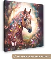 Canvas Schilderij Paard - Natuur - Bloemen - Vlinders - Bos - 90x90 cm - Wanddecoratie