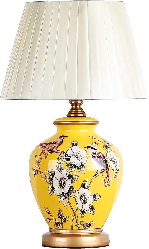 Fine Asianliving Chinese Tafellamp Porselein Geel Magnolia Handgemaakt - Genna D30xH48cm