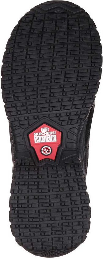 Zwarte werkschoen zool met antislip profiel en rode Skechers Work inzet.