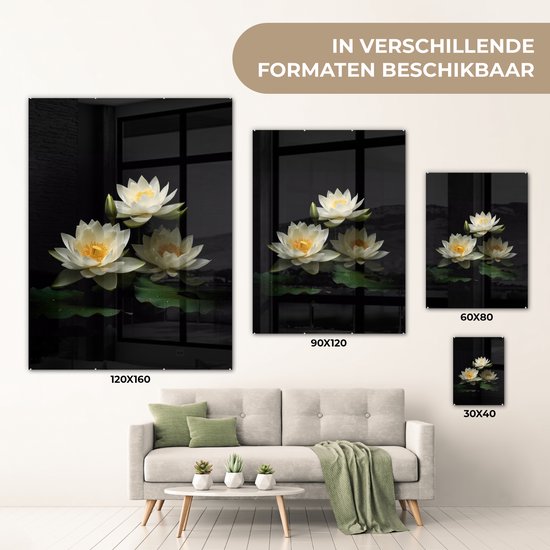 MuchoWow® Peinture sur verre 120x160 cm - Peinture sur verre acrylique - Lotus - Fleurs - Wit - Nature - Zwart - Photo sur verre - Peintures