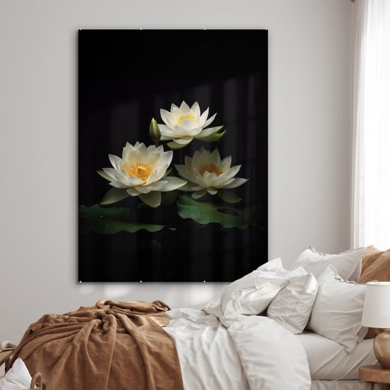 MuchoWow® Peinture sur verre 120x160 cm - Peinture sur verre acrylique - Lotus - Fleurs - Wit - Nature - Zwart - Photo sur verre - Peintures