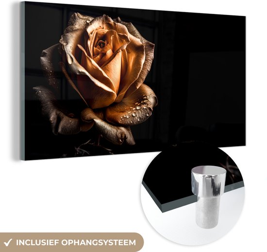 MuchoWow® Glasschilderij 40x20 cm - Schilderij acrylglas - Roos - Goud - Bloemen - Botanisch Zwart - Foto op glas - Schilderijen