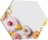 Dibond Hexagon - Bloemen in Pastelkleuren tegen Witte Achtergrond - 80x69.6 cm Foto op Hexagon (Met Ophangsysteem)