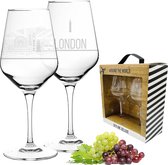 Set van 2 wijnglazen London in mooie geschenkdoos, hoogwaardige zeefdruk in elegant etenswit, gedetailleerder dan gravure, cadeau-idee voor de meest uiteenlopende gelegenheden,