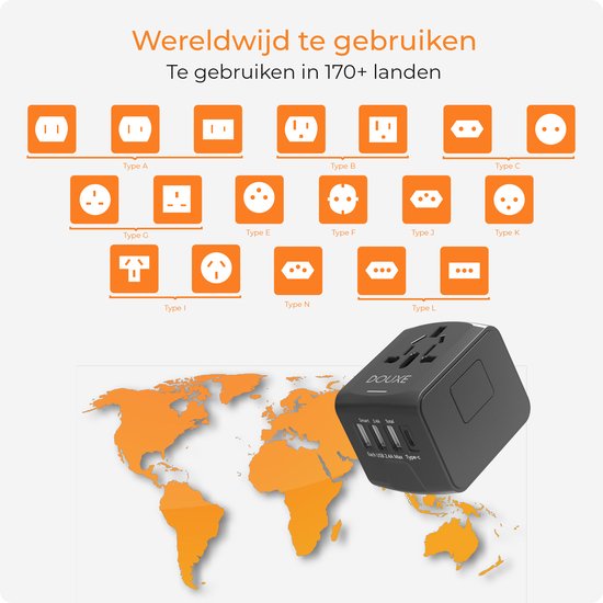 Douxe Universele Wereldstekker - Reisstekker Internationale Stekker - Wereldstekker Adapter - Travel Adapter - Snel Opladen - Zwart - Douxe