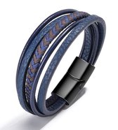 Sorprese armband - Luxury - armband heren - leer - blauw/bruin - 5 snoeren - zwarte sluiting - cadeau - Model K