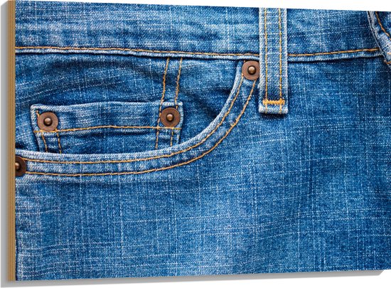 Hout - Close-up van Broekzak van Jeans - 100x75 cm - 9 mm dik - Foto op Hout (Met Ophangsysteem)