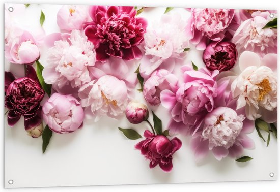 Tuinposter – Mix van Roze Bloemen op Witte Achtergrond - 120x80 cm Foto op Tuinposter (wanddecoratie voor buiten en binnen)