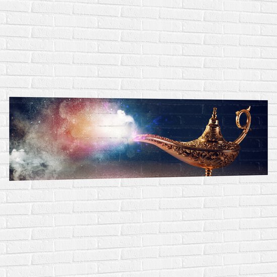 Muursticker - Magische Gouden Lamp met Kleurrijke Rook - 150x50 cm Foto op Muursticker