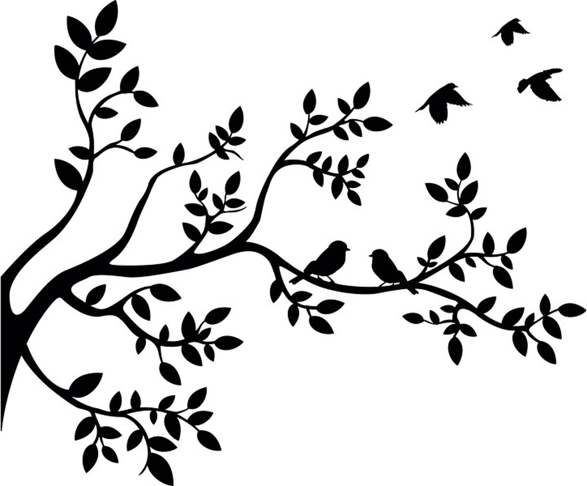 Plakkers Muursticker boom met vogels 140cm breed 116cm hoog - Plakkers zwart