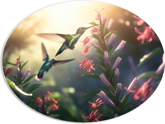 PVC Schuimplaat Ovaal - Kolibries Vliegend bij Roze Plantgjes - 80x60 cm Foto op Ovaal (Met Ophangsysteem)
