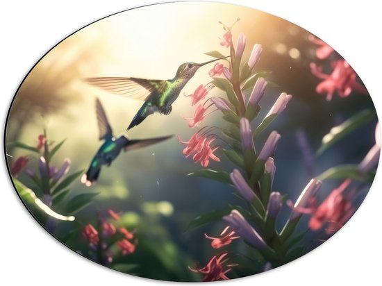Dibond Ovaal - Kolibries Vliegend bij Roze Plantgjes - 56x42 cm Foto op Ovaal (Met Ophangsysteem)
