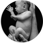 Dibond Muurcirkel - Pasgeboren Baby in Handen van Vader (Zwart- wit) - 90x90 cm Foto op Aluminium Muurcirkel (met ophangsysteem)