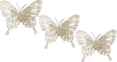 House of Seasons kerstboomversiering vlinders op clip - 3x st - champagne - 10 cm