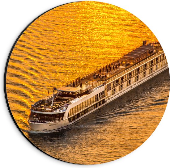 Dibond Muurcirkel - Toeristenboot op het Water tijdens de Zonsondergang - 20x20 cm Foto op Aluminium Muurcirkel (met ophangsysteem)