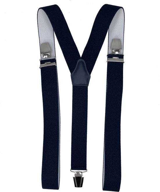 Donkerblauwe bretel met zilveren clips en een zwart leren kruisstuk.