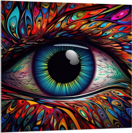 Acrylglas - Schilderij van Blauw oog op Kleurrijk Gezicht met Patronen - 100x100 cm Foto op Acrylglas (Met Ophangsysteem)