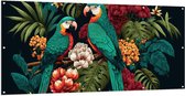 Tuinposter – Schilderij van Twee Papegaaien tussen de Kleurrijke Bloemen en Planten - 200x100 cm Foto op Tuinposter (wanddecoratie voor buiten en binnen)