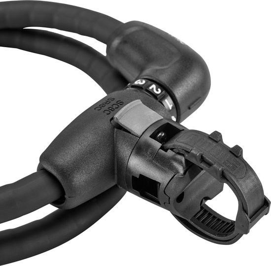 Câble noir ABUS avec serrure à combinaison et support, chiffres 1-3 visibles.