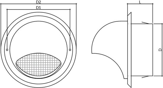 Technische tekening van een RVS ventilatierooster met afmetingen.