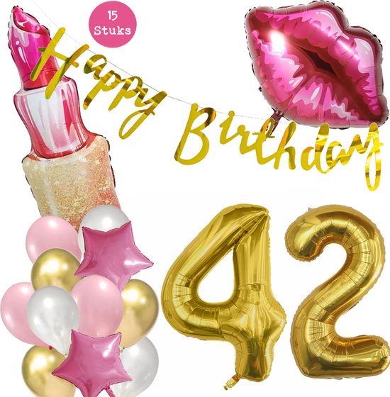Snoes Beauty Helium Ballonnen Set 42 Jaar - Roze Folieballonnen - Slinger Happy Birthday Goud